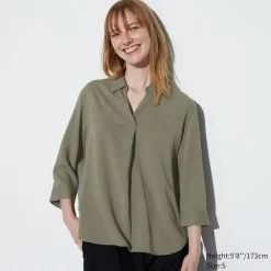 Hemden & Blusen*UNIQLO Viskose 3/4-Arm Bluse Mit Skipper-Kragen