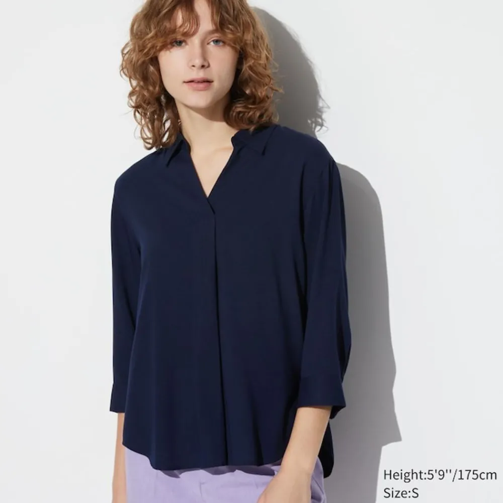 Hemden & Blusen*UNIQLO Viskose 3/4-Arm Bluse Mit Skipper-Kragen